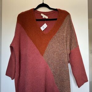LOFT Women's V-Neck Colorblock Sweater - Rust and Mauve